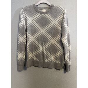 A New Day Womens Sweater M Gray White Diamond Pattern Cozy Loose Fit Pullover
